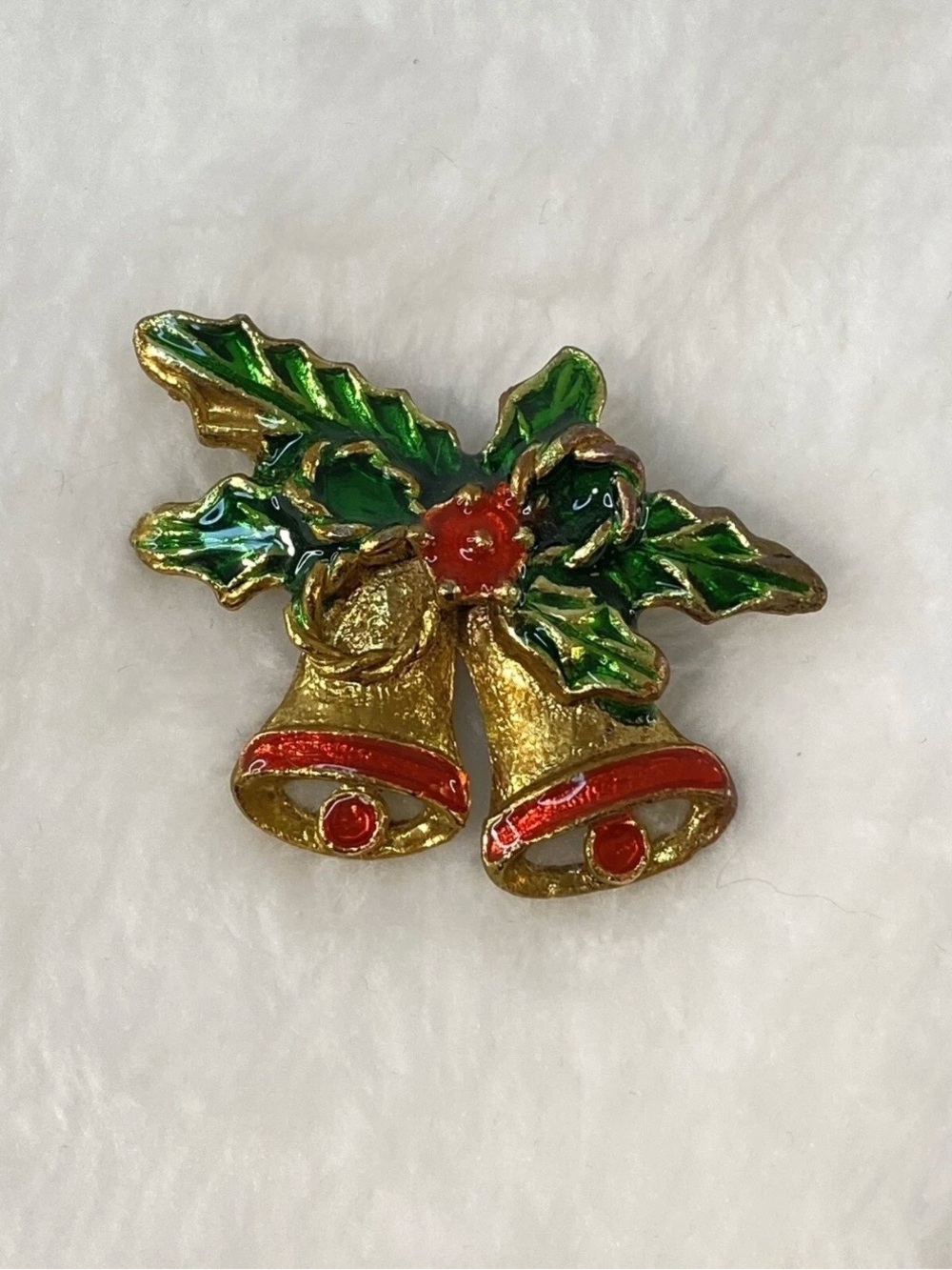 Vintage Christmas Pin Brooch Gold Tone Green Red Enamel Holly Bells Bow